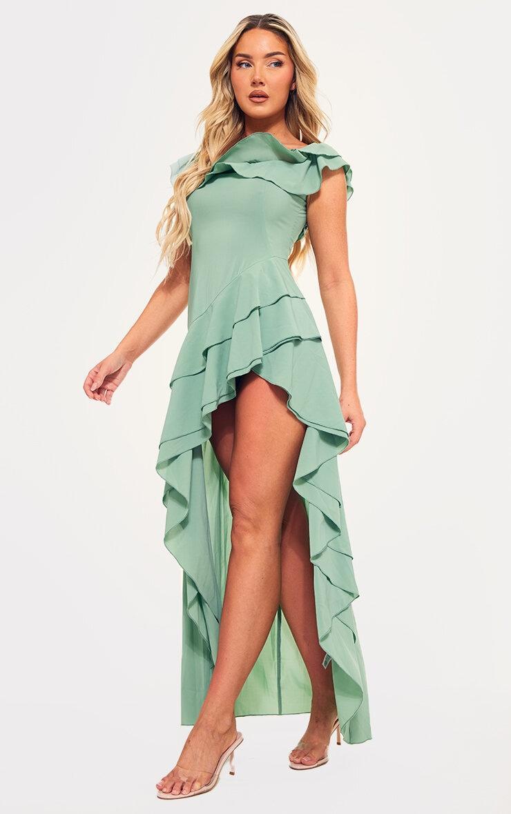 Sage Green Bardot Ruffle Detail Midi Dress Product Image