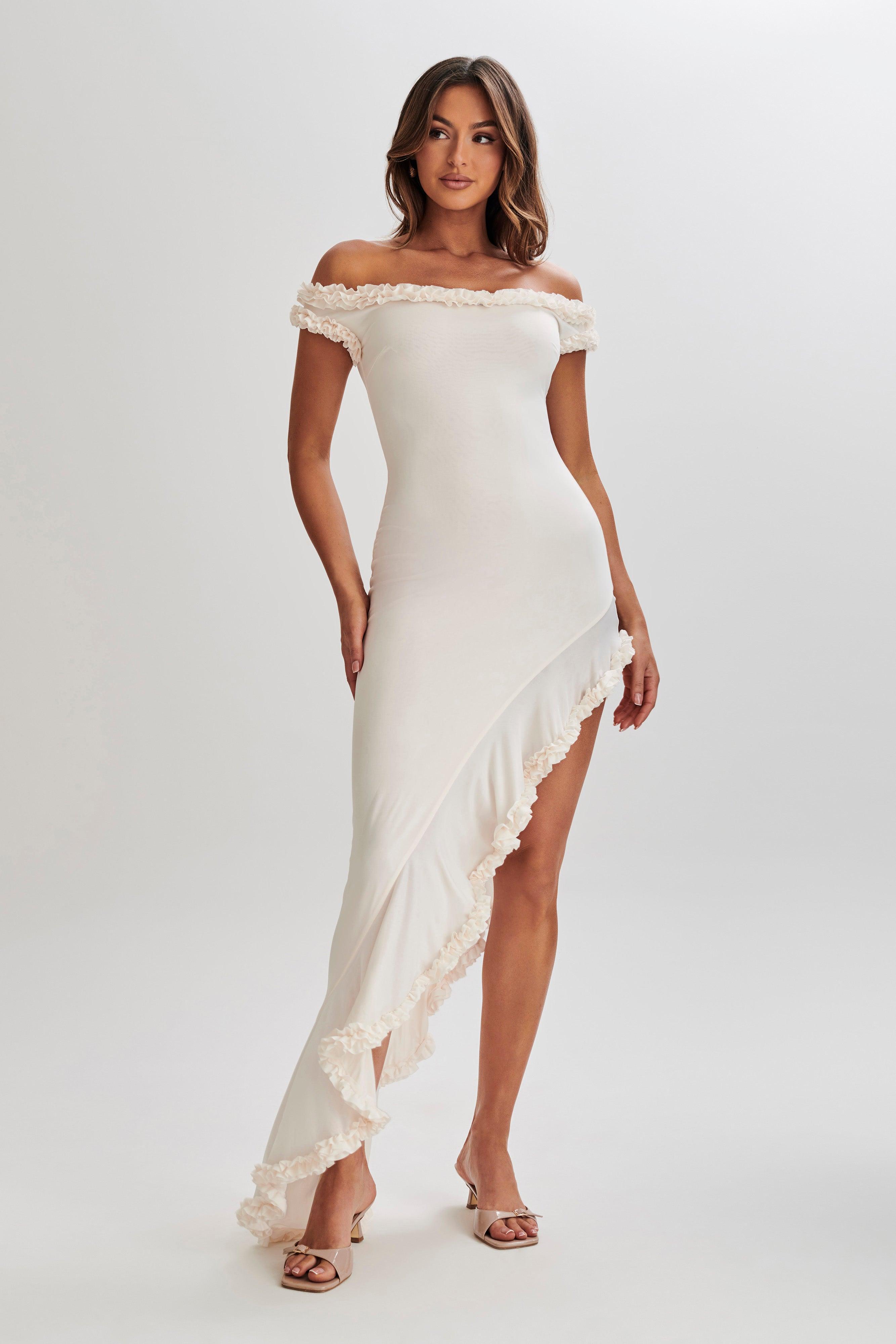 Arielle Off Shoulder Ruffle Midi Dress - Ivory Product Image