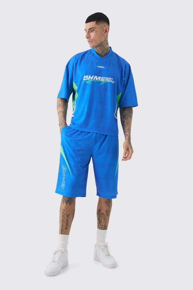 Tall Oversized V Neck Mesh Moto Graphic T-shirt & Short Set | boohooMAN USA Product Image