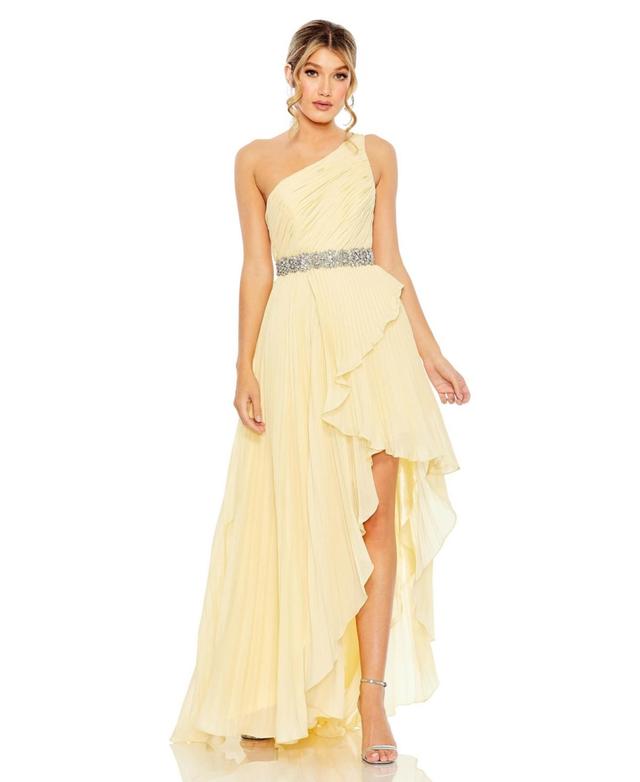 Mac Duggal Womens Pleated One Shoulder Asymmetrical Ruffle Hem Gown Product Image