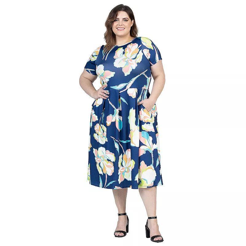 Plus Size 24Seven Comfort Short Sleeve Pleated Flare Midi Pocket Dress, Womens Blue Team Product Image