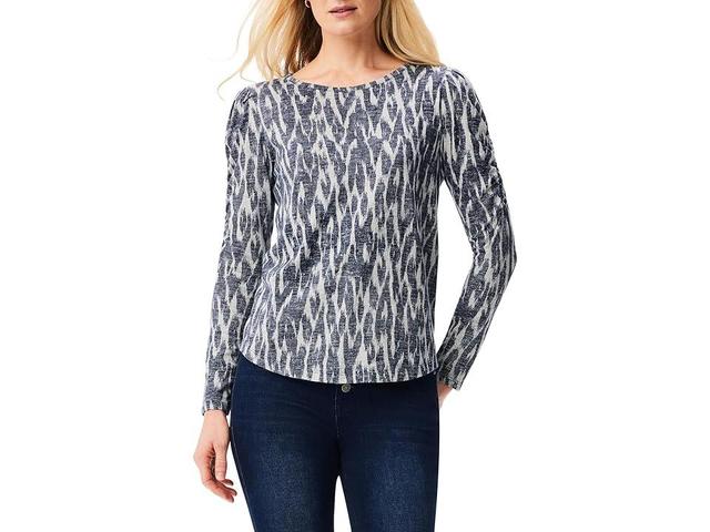 NIC+ZOE Nzt Ikat Long Sleeve Ruched Tee (Indigo Multi) Women's Clothing Product Image