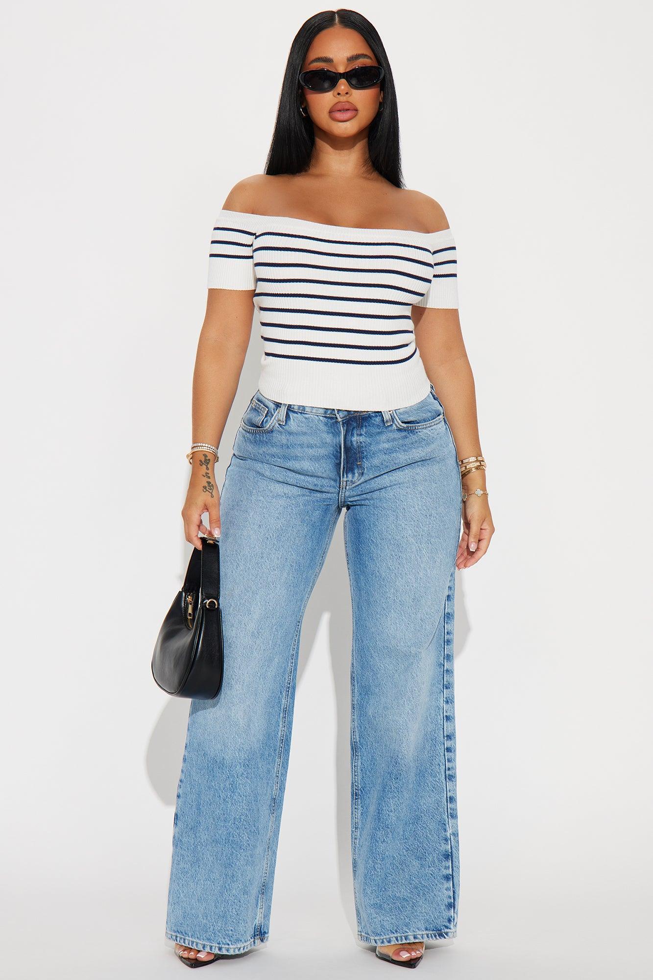 Sailing Striped Off Shoulder Sweater - White/combo Product Image