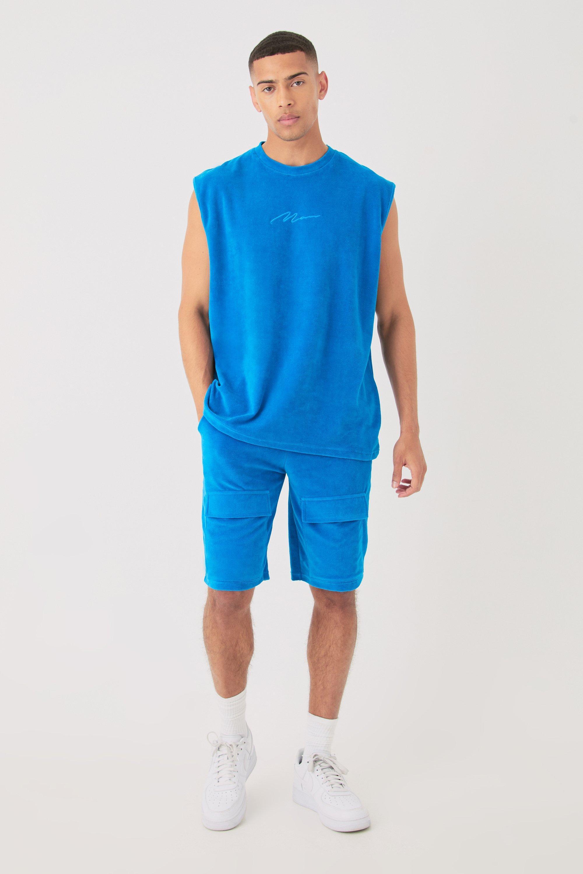 Mens Blue Man Velour Oversized vest & Pocket Shorts Set, Blue Product Image