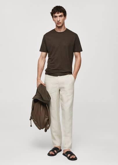 MANGO MAN - Slim-fit 100% linen t-shirt brownMen Product Image