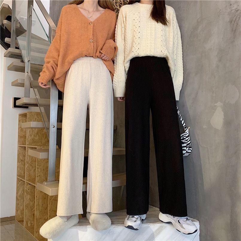 Mid Rise Plain Ribbed Wide Leg Pants (Various Designs) Product Image