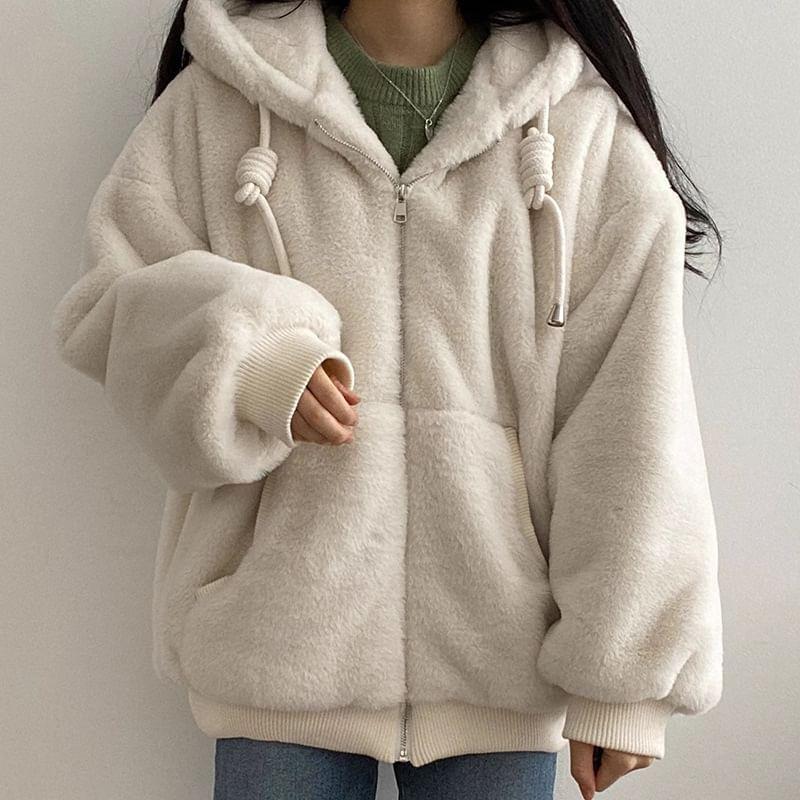 Long Sleeve Zip Up Fluffy Hoodie Jacket Product Image