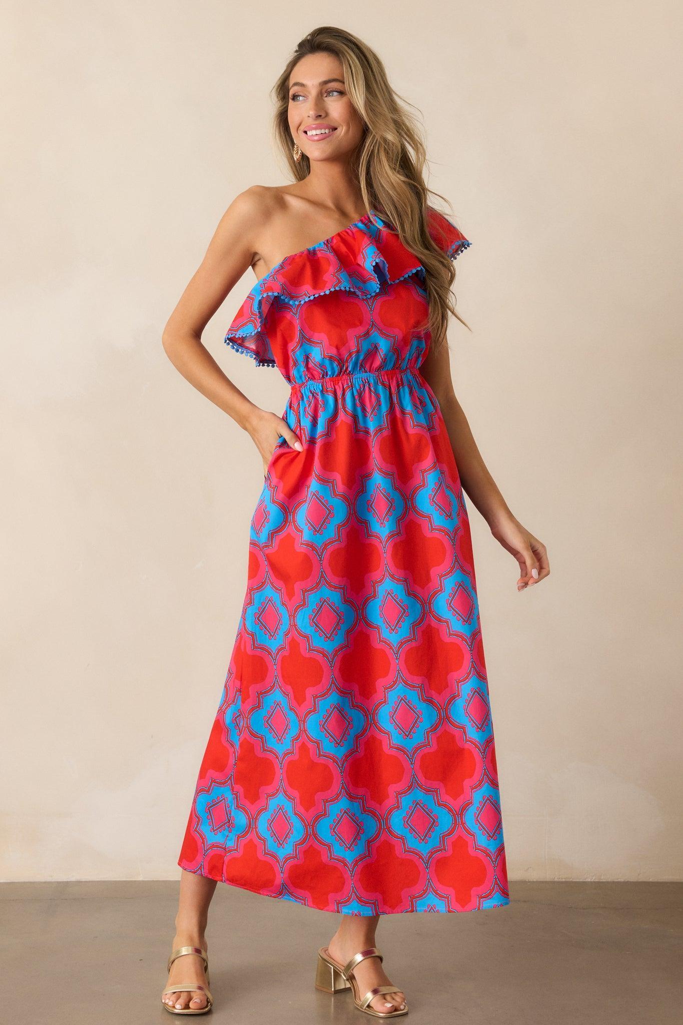 Packing My Bags Cotton Red Multi Print One Shoulder Midi Dress Product Image