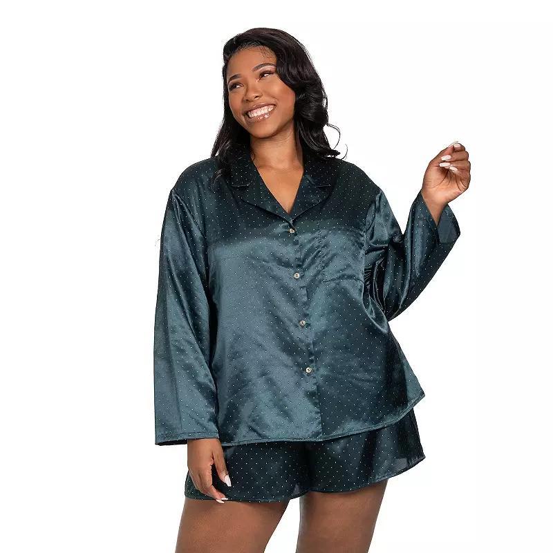 Plus Size Lilac+London Satin Button-Down Pajama Top & Pajama Shorts Set, Womens Green Product Image