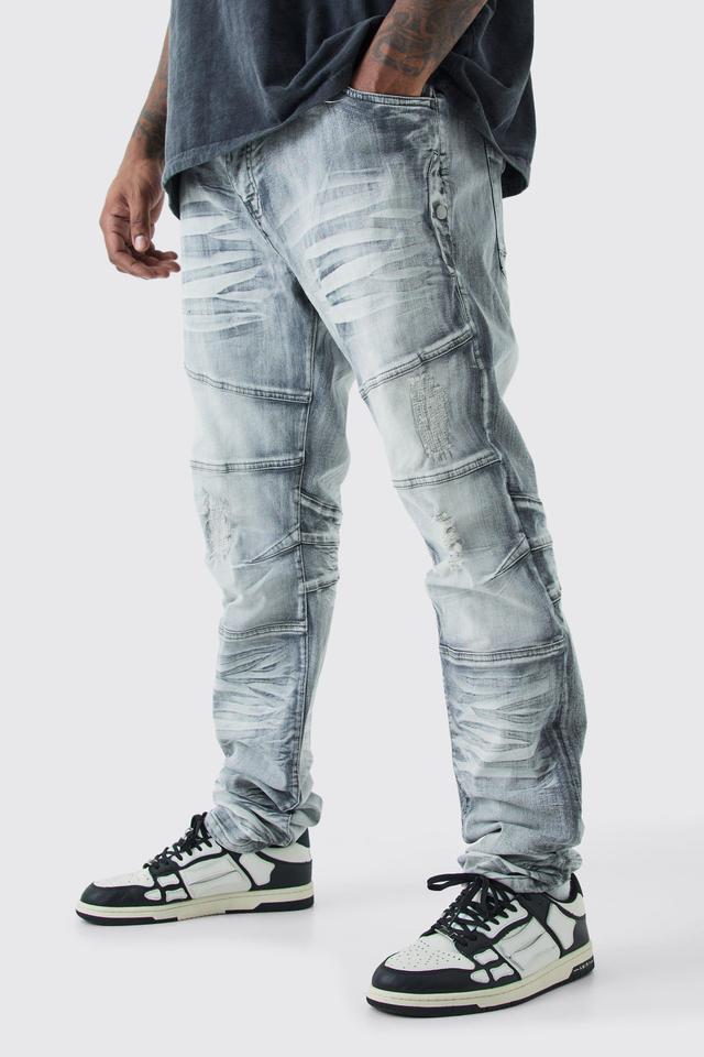 Mens Grey Plus Skinny Stretch Heavy Bleached Ripped Jean, Grey Product Image