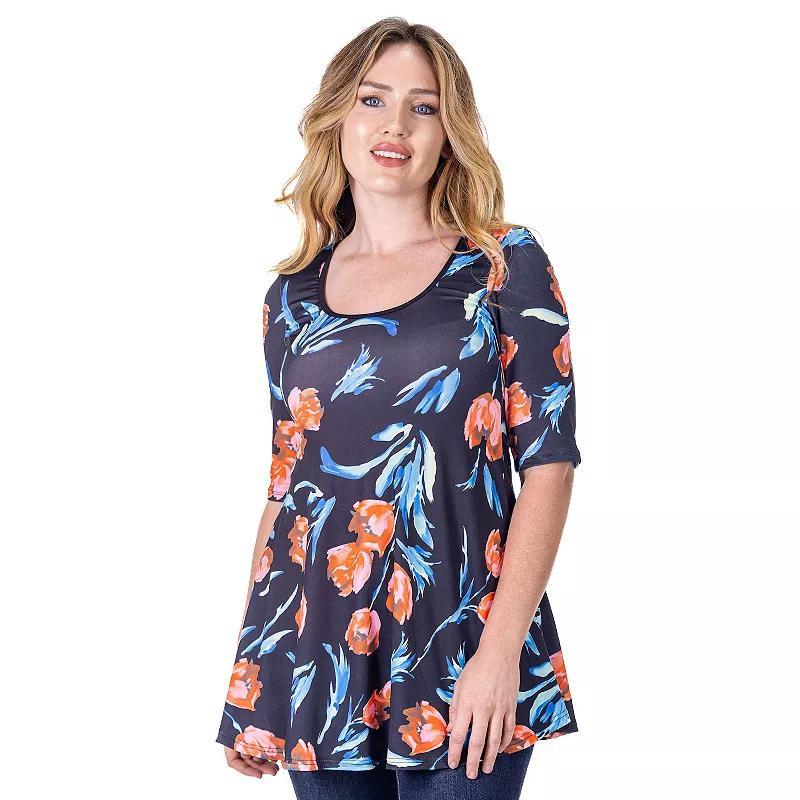 Womens 24Seven Comfort Apparel Black Tulip Print Elbow Sleeve Tunic Top Blue Team Product Image