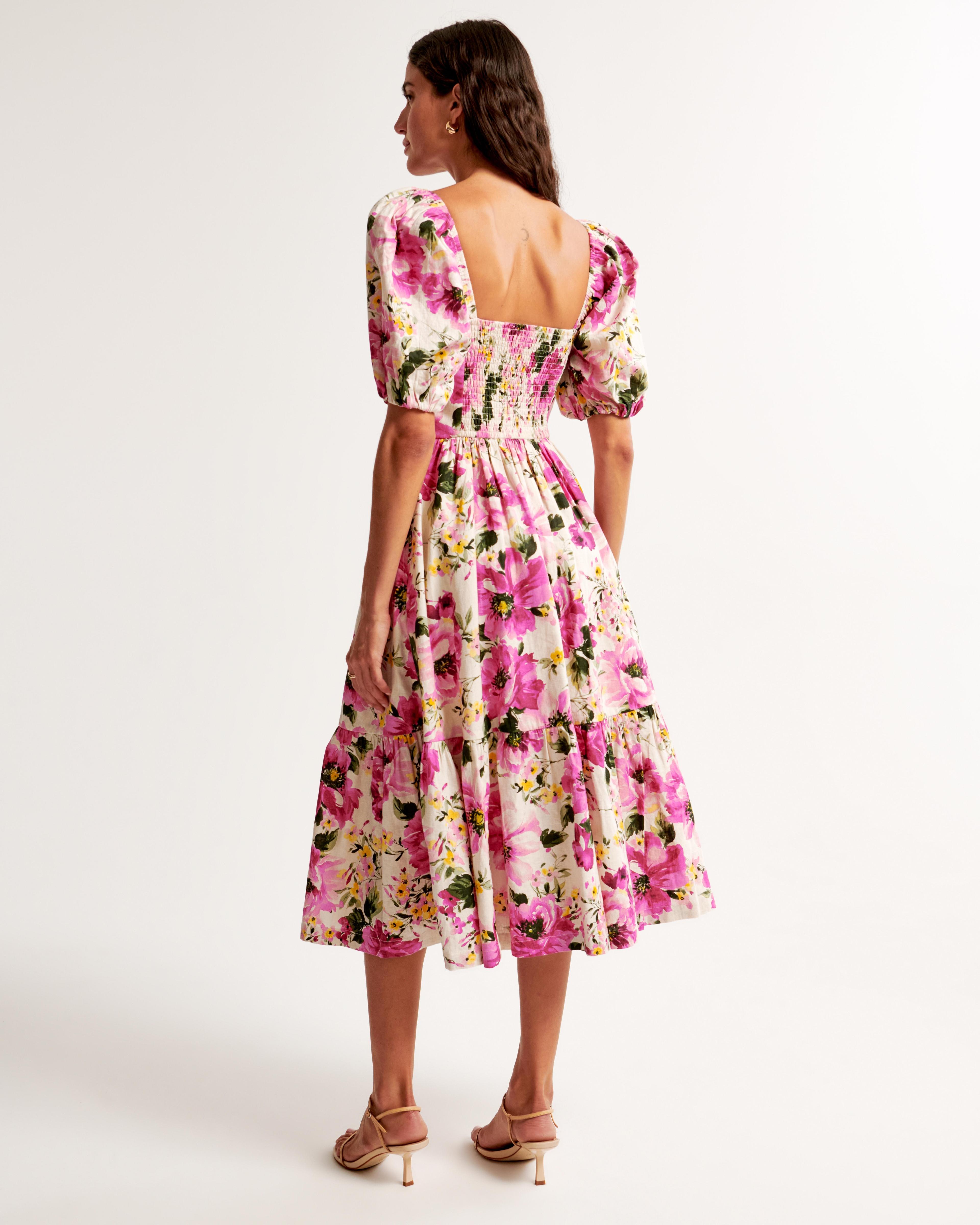 The A&F Emerson Linen-Blend Puff Sleeve Midi Dress Product Image