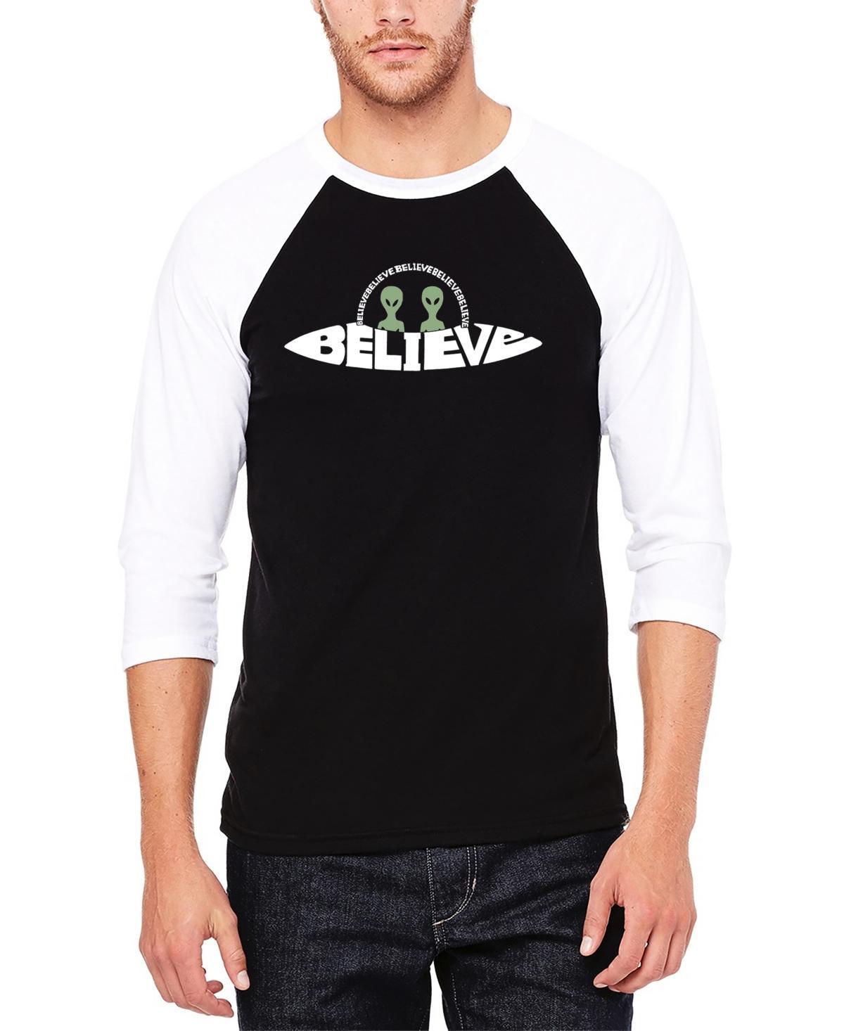 La Pop Art Mens Believe Ufo Raglan Baseball Word Art T-shirt - Gray Product Image