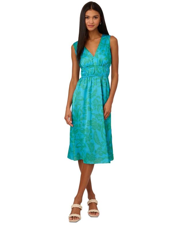 Adrianna by Adrianna Papell Womens Floral-Print Smocked-Waist Dress - Blue Product Image