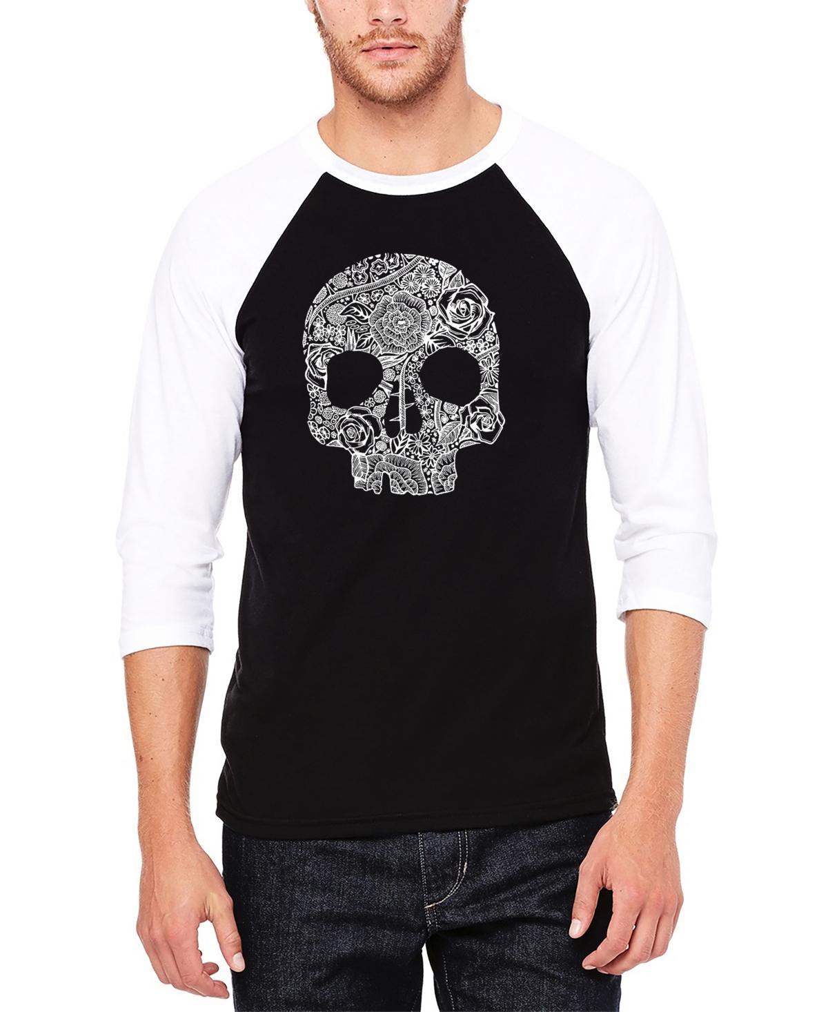 La Pop Art Mens Raglan Sleeves Flower Skull Baseball Word Art T-shirt - Black Product Image