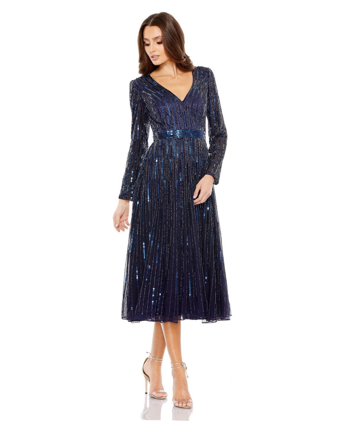 Mac Duggal Sequin Stripe Long Sleeve A-Line Dress Product Image