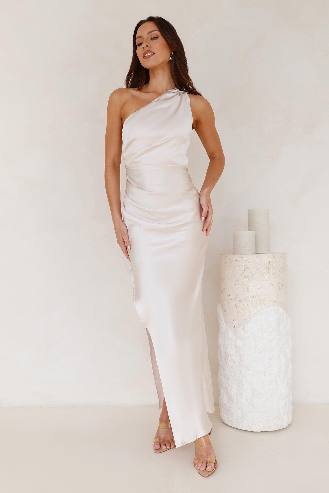 Luxe Charm One Shoulder Satin Maxi Dress Champagne Product Image