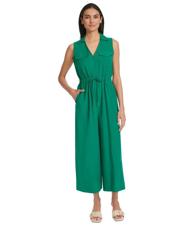 Calvin Klein Womens Collared V-Neck Straight-Leg Jumpsuit Product Image