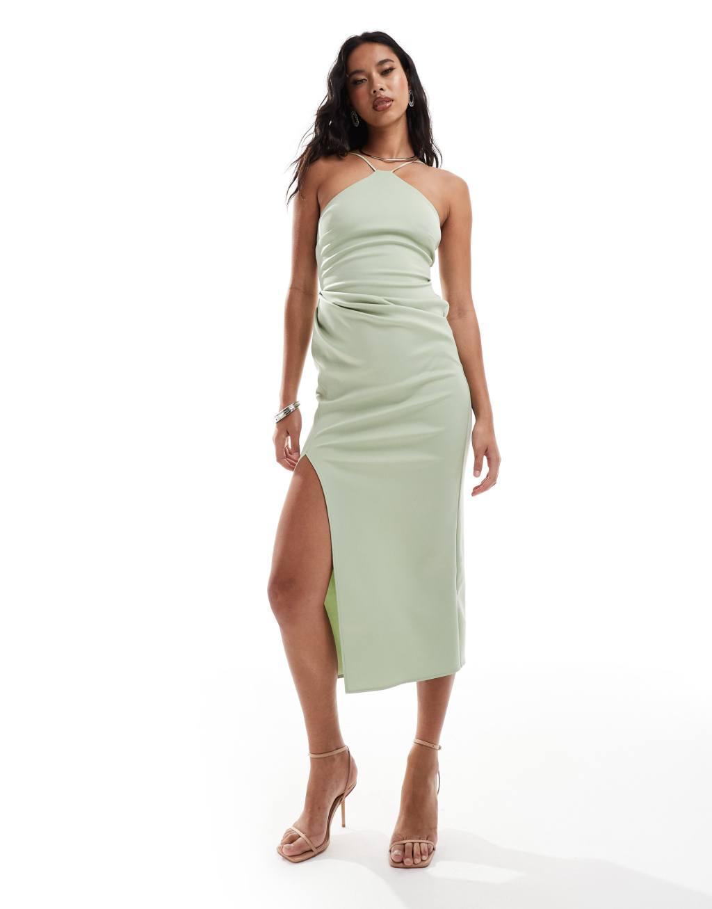 ASOS DESIGN halterneck midi dress with wrap skirt in sage green Product Image