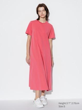 Womens Airism Cotton Short Sleeve T-Shirt Dress with Quick-Drying Pink Large UNIQLO US Product Image