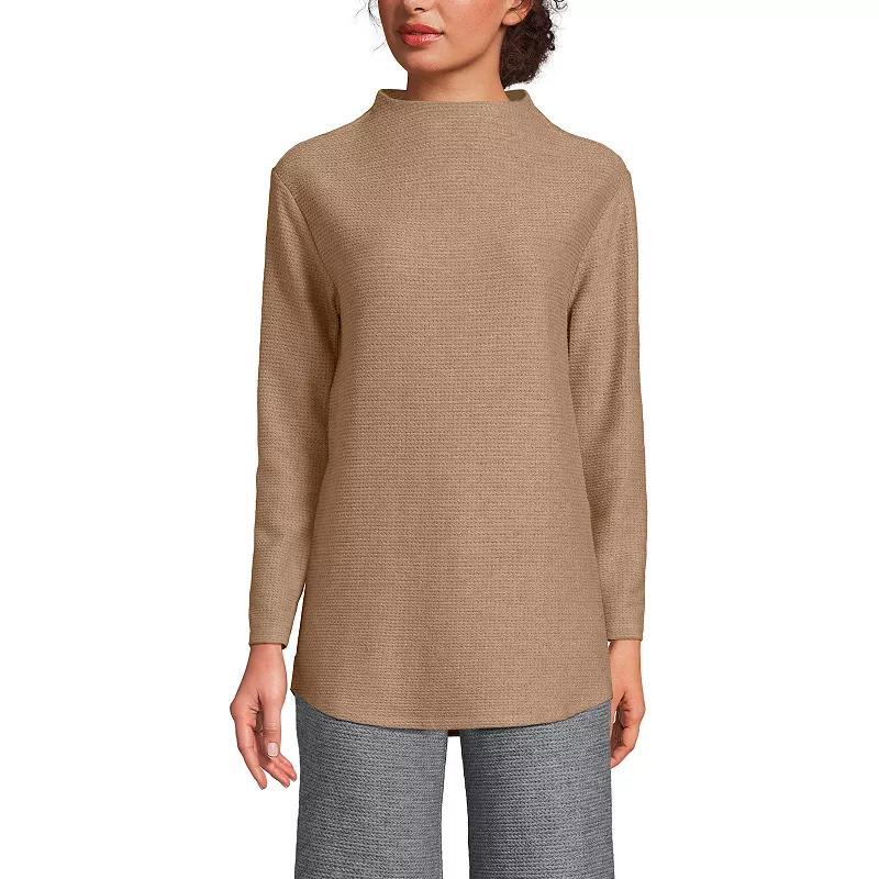 Petite Lands End Cable Ottoman Relaxed Long Sleeve Funnel Neck Tunic, Womens Deep Navy Grey Product Image