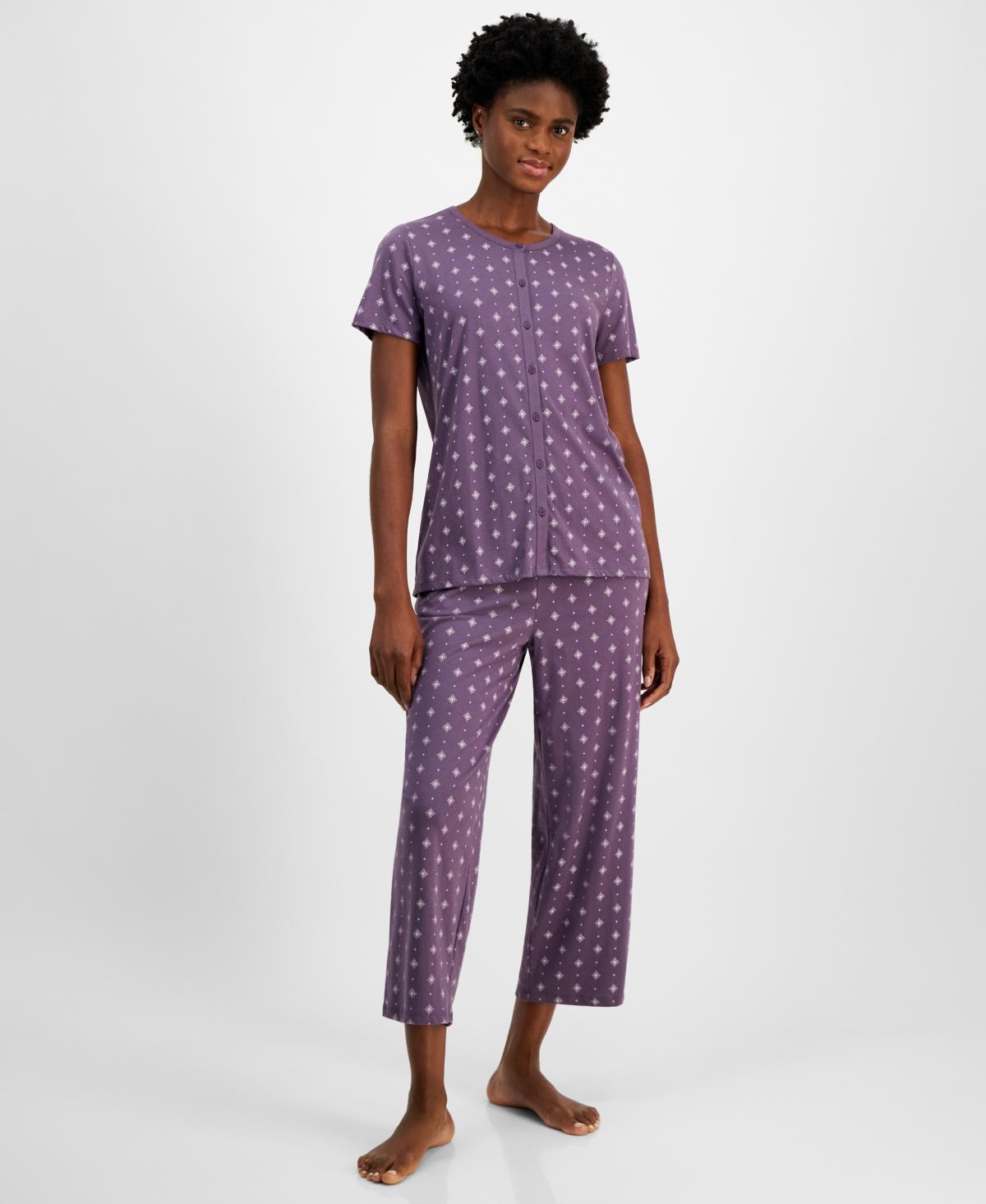 Charter Club Womens 2-Pc. Cotton Printed Cropped Pajamas Set, Created for Macys Product Image