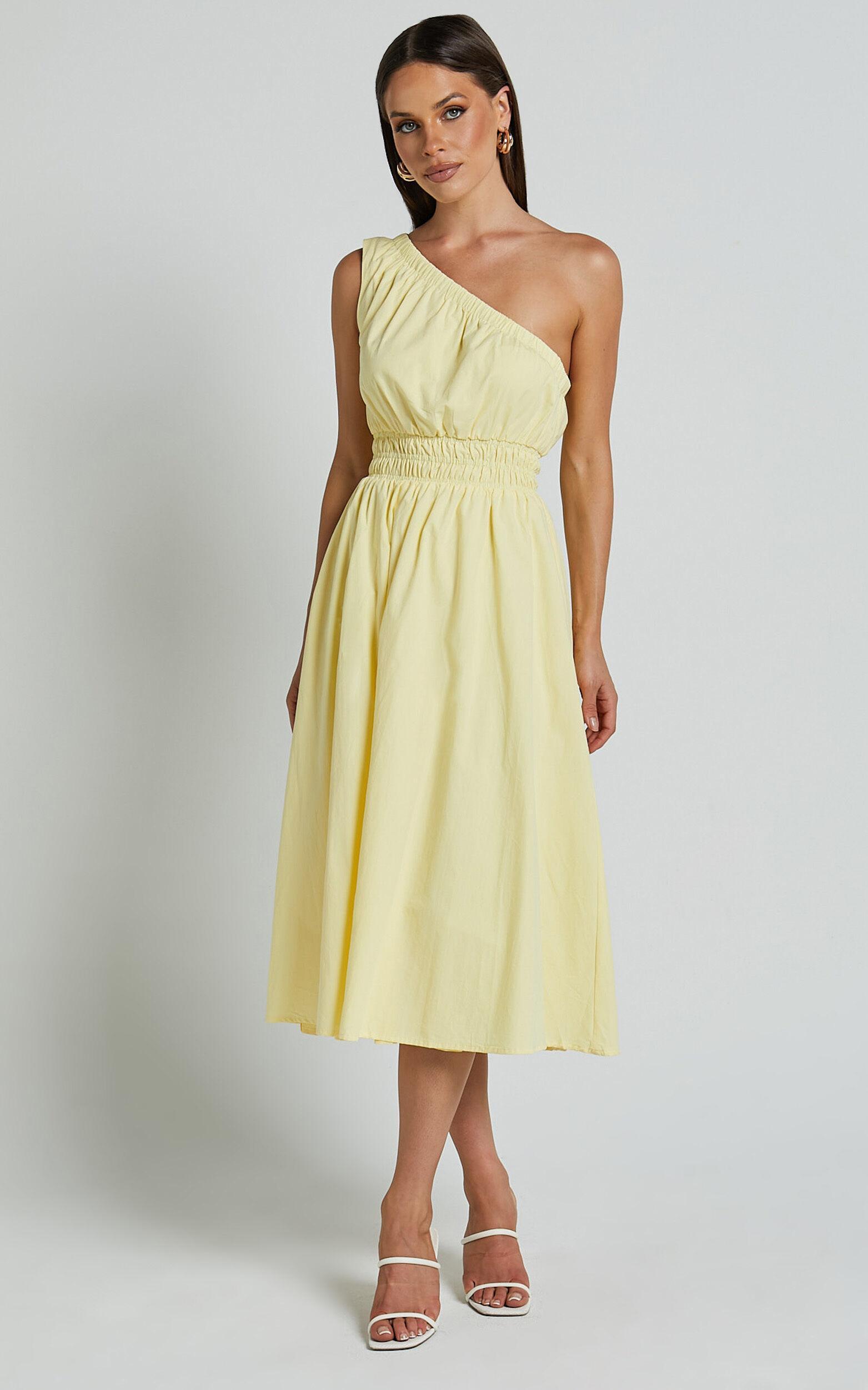 Yulia Midi Dress - One Shoulder Shirred Waist Dress in Lemon Product Image