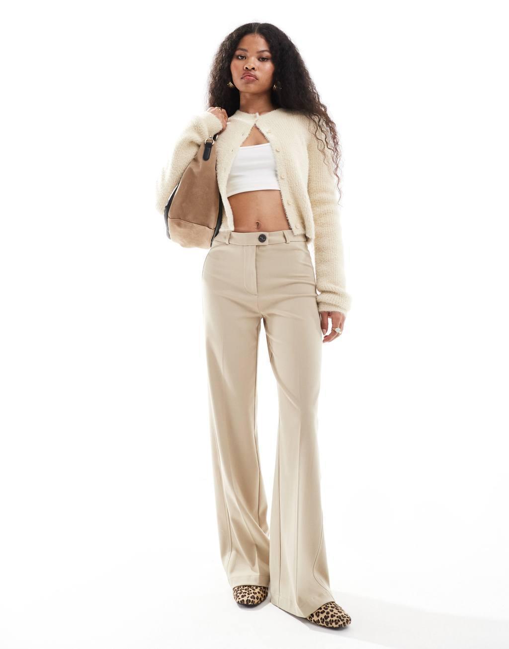 Bershka Petite wide leg dad pants in sand Product Image