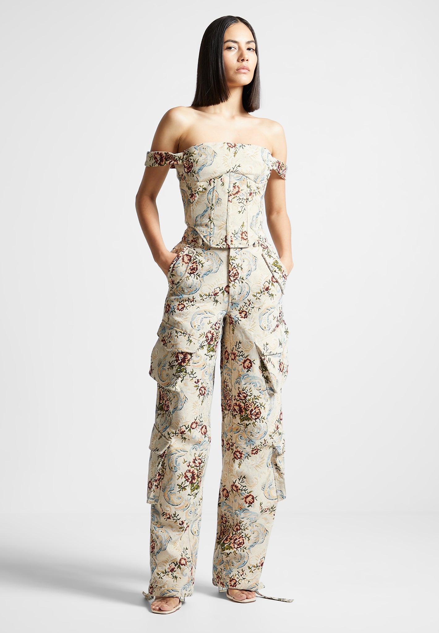 Floral Jacquard High Waisted Cargo Pants - Beige Female Product Image