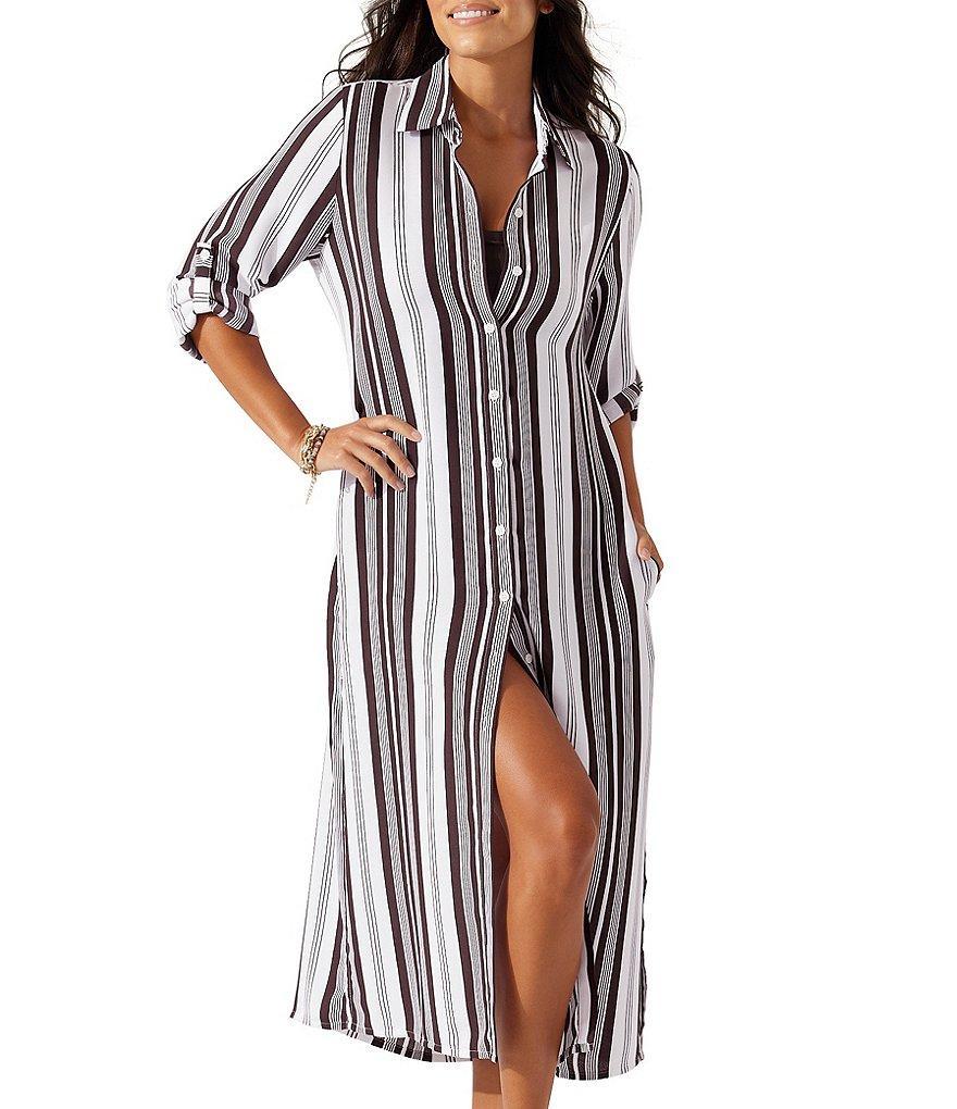 Tommy Bahama Breaker Bay Striped Point Collar 3/4 Roll-Tab Sleeve Button Front Midi Duster Swim Cover-Up Product Image