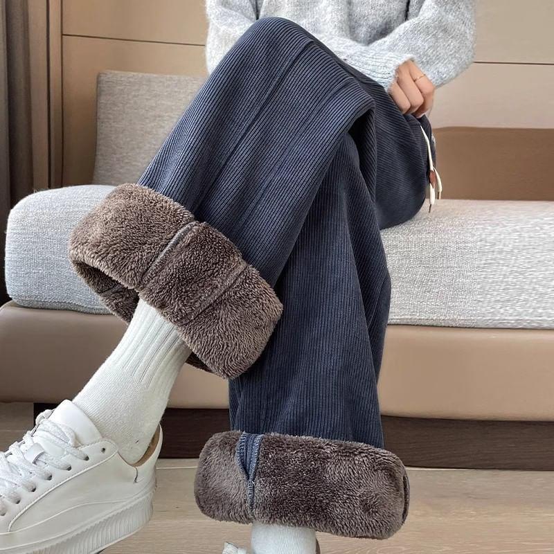 High Waist Plain Fleece Lined Wide Leg Pants Product Image