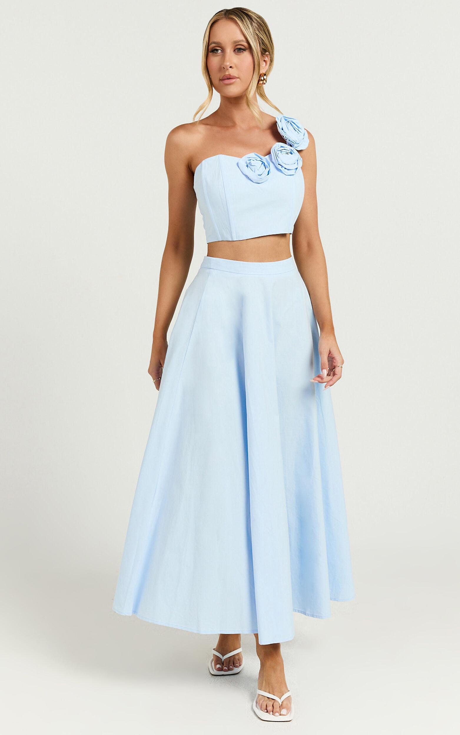 Claire Two Piece Set - One Shoulder Rosette Detail Crop Top And A Line Skirt Set in Powder Blue Product Image