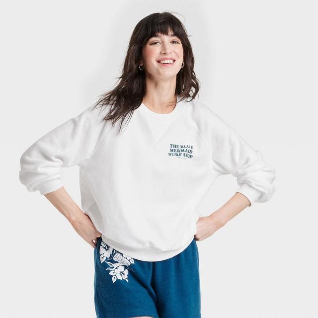 Womens Blue Mermaid Surf Shop Graphic Sweatshirt - White Product Image