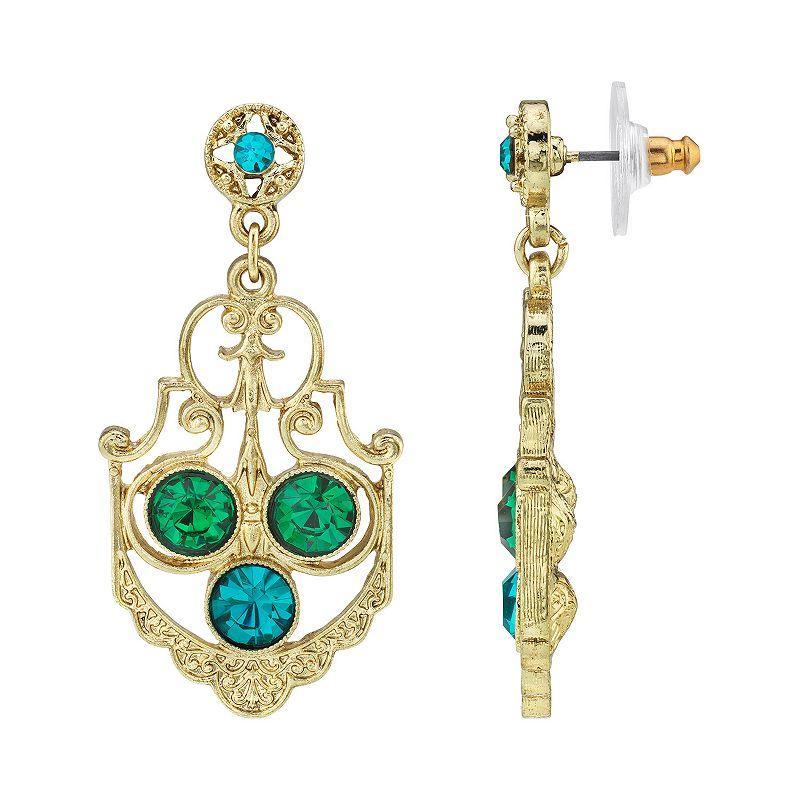 1928 Gold-Tone Blue Zircon Color & Green Crystal Drop Earrings, Womens Product Image