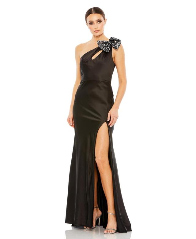 Mac Duggal Womens Sequined Bow Detail One Shoulder Trumpet Gown Product Image