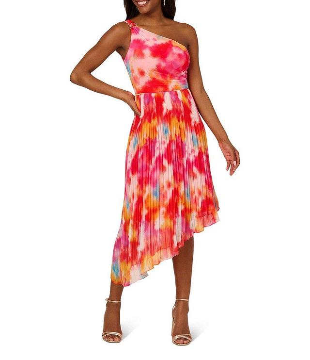 Adrianna Papell Chiffon Watercolor One Shoulder Sleeveless Asymmetrical Hem Dress Product Image