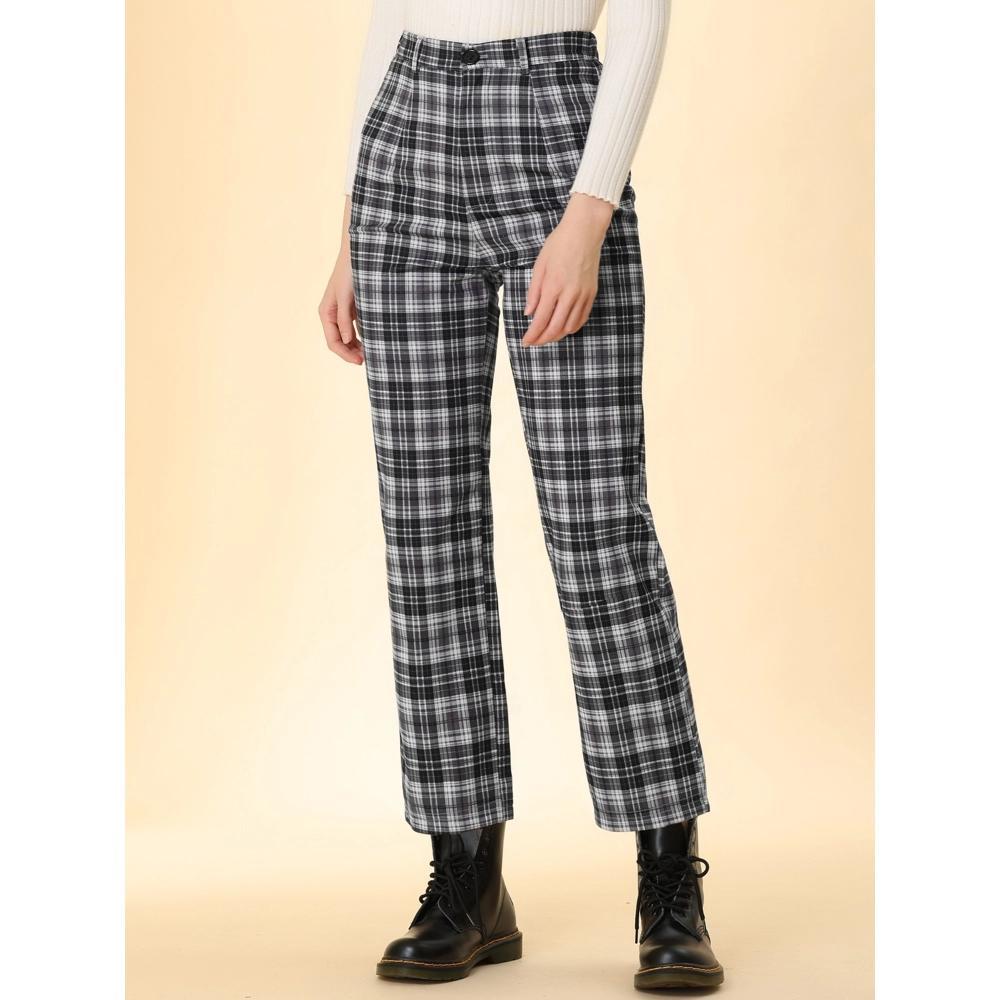 Allegra K Women's Plaid Tartan High Waisted Button Casual Pants Product Image