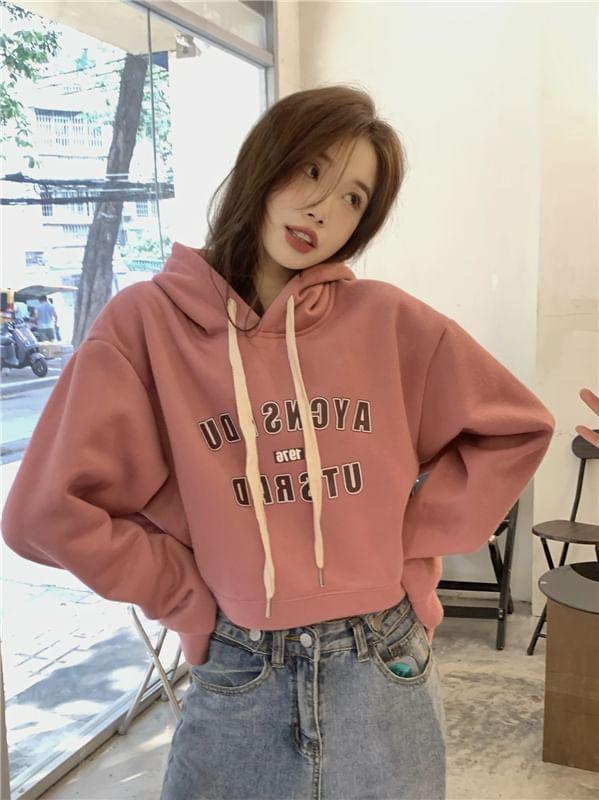 Lettering Drawstring Fleece-Lined Cropped Hoodie Product Image