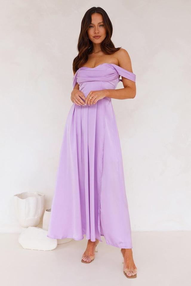 Golden Affair Off Shoulder Satin Maxi Dress Lilac Product Image