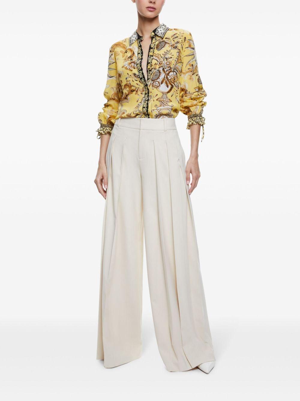 ALICE AND OLIVIA Willa Printed Crepe Tie-sleeve Blouse In Lisboa Lemon Meringue Product Image