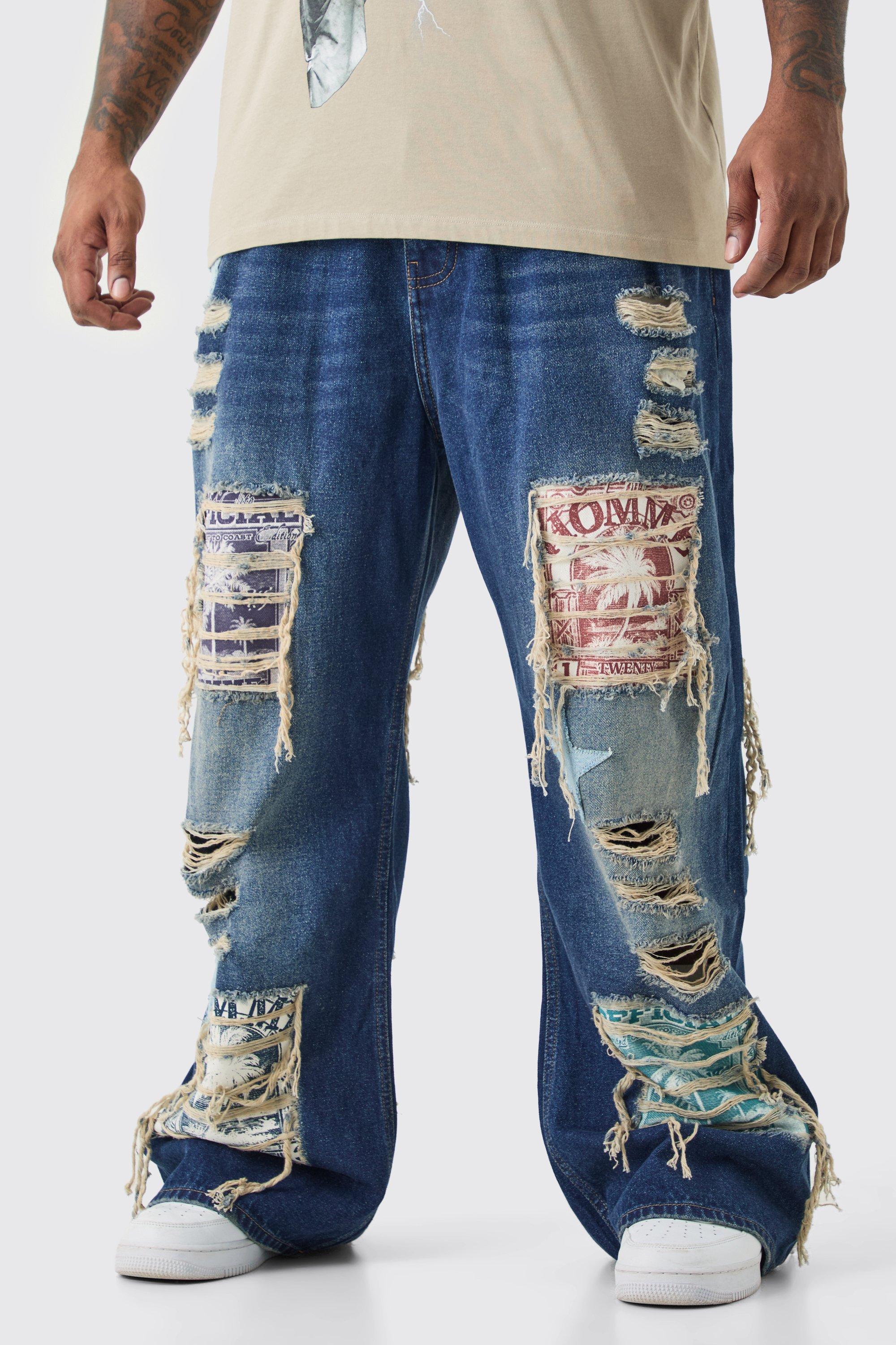 Plus Relaxed Rigid Flare Applique Jeans | boohooMAN USA Product Image