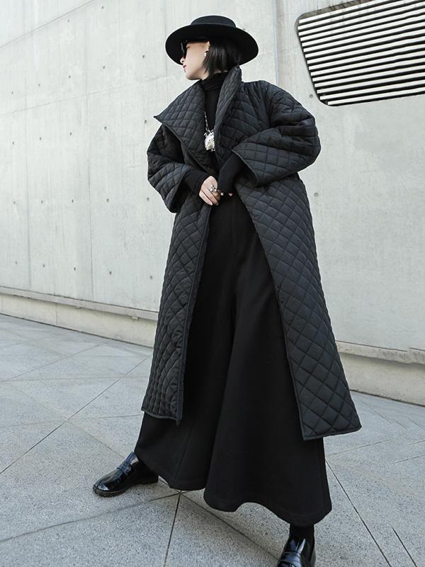 Black Rhombic Split-Side High Collar Long Coat Product Image