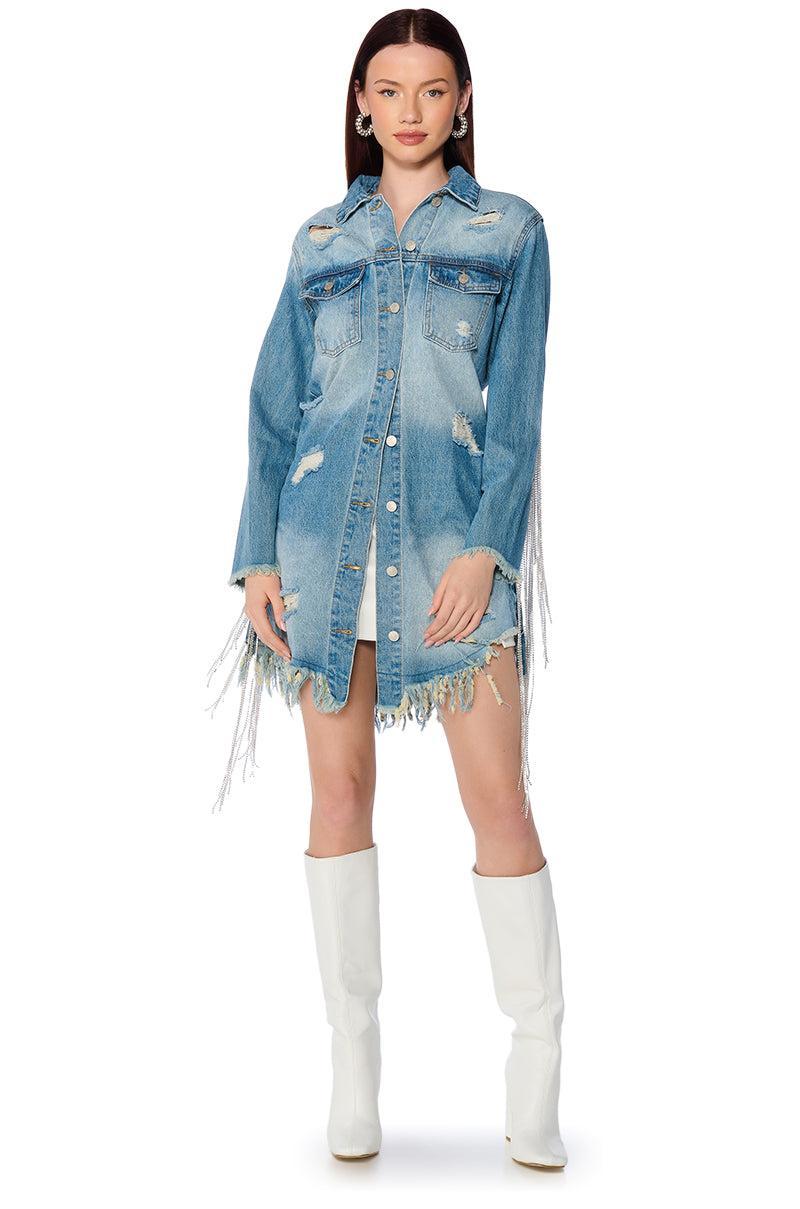 DOLLYS SIS RHINESTONE LONG DENIM JACKET Product Image