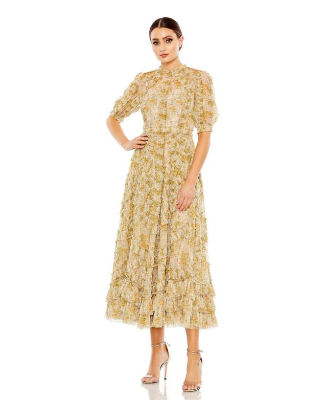 Women's Mesh Puff Sleeve Floral Print Dress Product Image