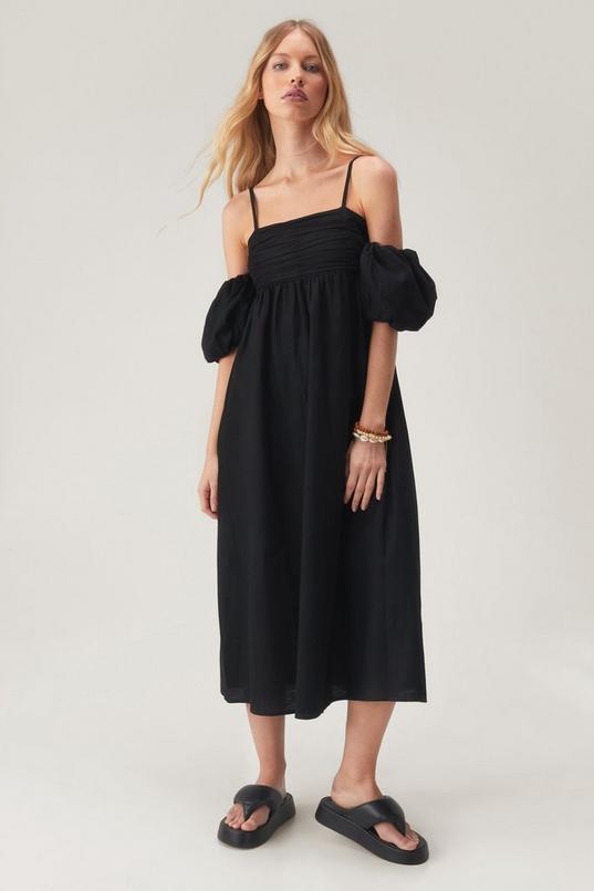 Strappy Puff Sleeve Linen Mix Midi Dress product image