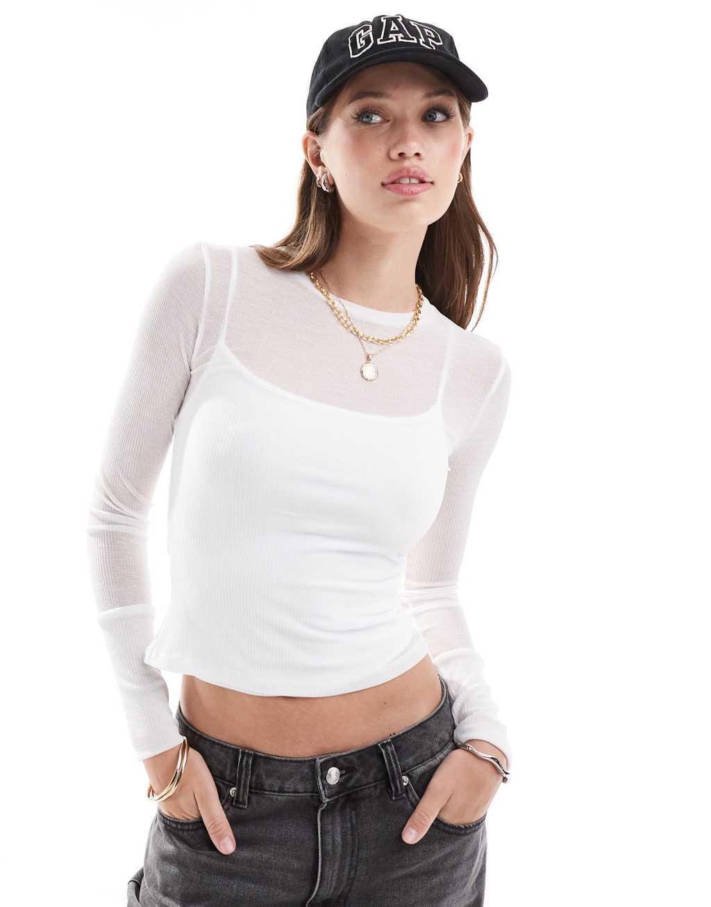 ASOS DESIGN mesh ribbed crew neck base layer top in cream Product Image