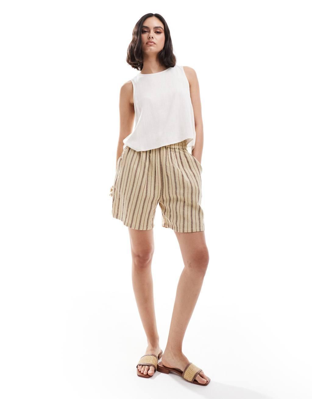 ASOS DESIGN wrap back linen mix top in natural Product Image