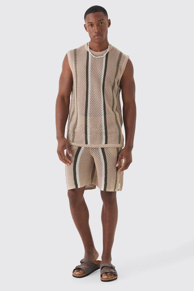 Mens Beige Oversized Open Stitch Stripe Knitted vest Set, Beige Product Image