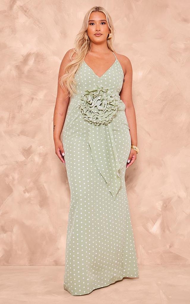 Plus Sage Polka Dot Satin Rose Detail Maxi Dress Product Image