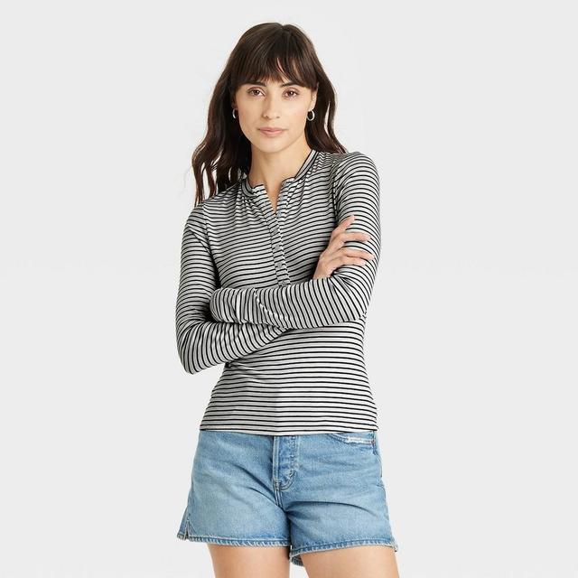 Womens Long Sleeve Henley Neck T-Shirt - Universal Thread Navy/White Striped Product Image